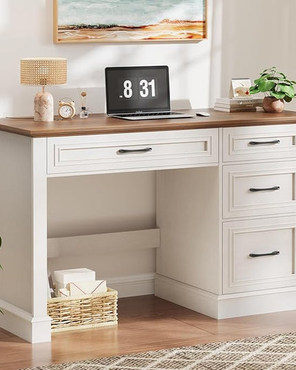 Vabches Farmhouse 47" Executive Desk with File Drawer, Computer Desk with 4 Drawers, Workstation for Study, Home Office, Writing, Unique White.