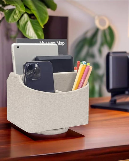 UnionBasic Rotating Desk Organizer, 360 Degree Desk Spinning Caddy, Desktop TV Guide/Mail/Media/Remote Controller Holder Organizer, Linen Texture Leather Beige