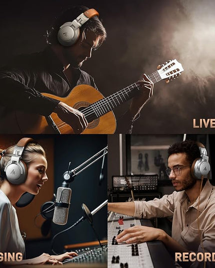 MAONO Professional Studio Monitor & Mixing DJ Headphones - Over Ear Closed Back Stereo Wired Headphones for Guitar AMP, Podcast, Recording, Streaming, PC, Music Production, Keyboard, MH700 Silver