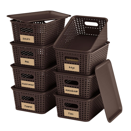 WRRLORS 8 Pack Plastic Storage Baskets,Brown Stackable Bins with Lid