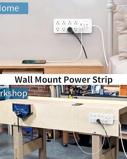 Flat Plug Extension Cord 15Ft - NTONPOWER 8 Outlets Surge Protector Power Strip with 2 USB, Overload Protection, 1080 Joules, ETL Listed, 15A/1850W, Wall Mountable for Home Office and Workbench, White
