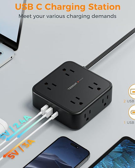 Long Extension Cord 25 FT, TESSAN Ultra Thin Flat Plug Power Strip Surge Protector with 8 AC Outlets, 3 USB Charger(1 USB C), 900J Protection Black Charging Station for Home, Office, Dorm Essentials