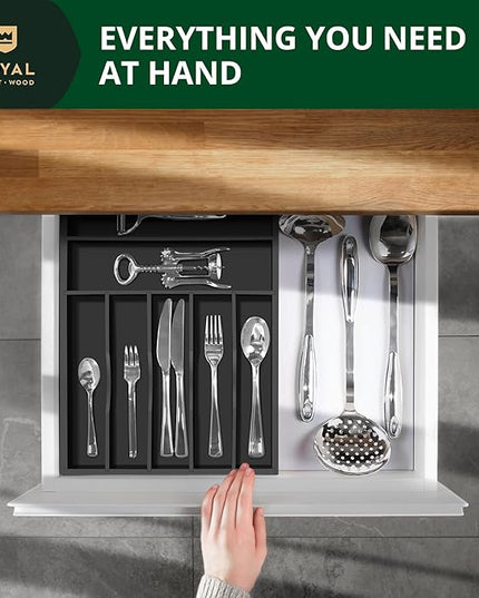 ROYAL CRAFT WOOD Luxury Bamboo Kitchen Drawer Organizer - Silverware Organizer - Utensil Holder and Cutlery Tray with Grooved Drawer Dividers for Flatware and Kitchen Utensils (7 Slot, Black)
