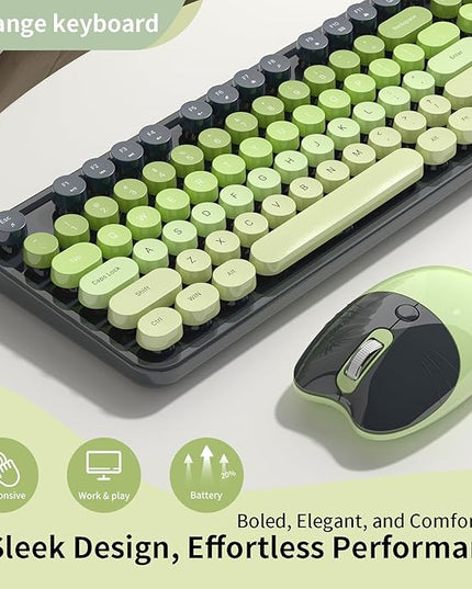 Wireless Keyboard and Mouse, MOFII 104 Round Keycaps Retro Typewriter with OTG & Brush, Full-Size Ergonomic, Ideal for Windows PC, Home, Office and College Gray Green