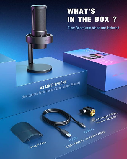FIFINE Gaming Microphone, USB PC Mic for Streaming, Podcasts, Recording, Condenser Computer Desktop Mic on Mac, with RGB Control, Mute Touch, Headphone Jack, Pop Filter, Stand-AmpliGame A8
