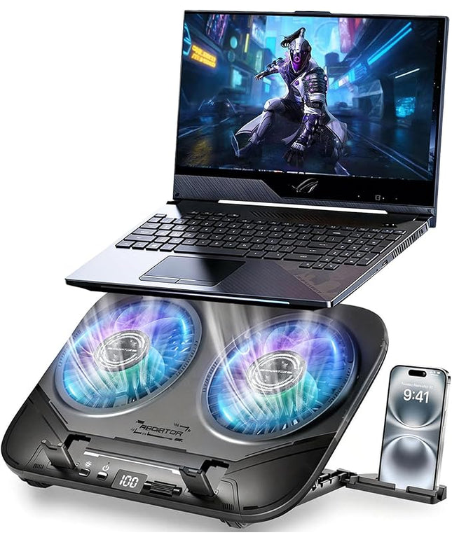 2026 Upgraded Laptop Cooling Pad with Dual TEC Cooler, Gaming Laptop Cooler, 2 Powerful Turbo Fans, Fast Cooling Laptop 12-21in, 5 Height Stands, 100 Gear Speed Adjust, LCD Screen, RGB, Phone Holder