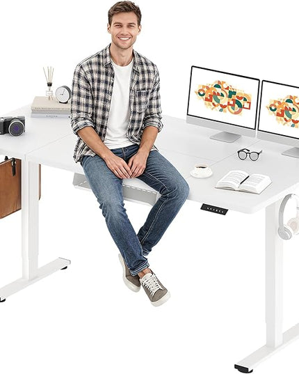 SANODESK Electric Standing Desk 71 x 32 Inches Height Adjustable Stand Up w/6-Button Controller Ergonomic Computer Desk with Splice Board for Home Office, White Frame + White Tabletop
