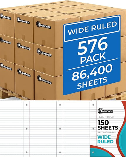 Rosmonde 576 Pack (Pallet) Loose Leaf Paper Bulk, 86400 Sheets, Wide Ruled, Pallet of Filler Paper, 150 Sheets/Pack, 8 x 10.5", 56 Gsm Thick Sheets, 3 Hole Punched, School & Office, 4-7 Days Transit