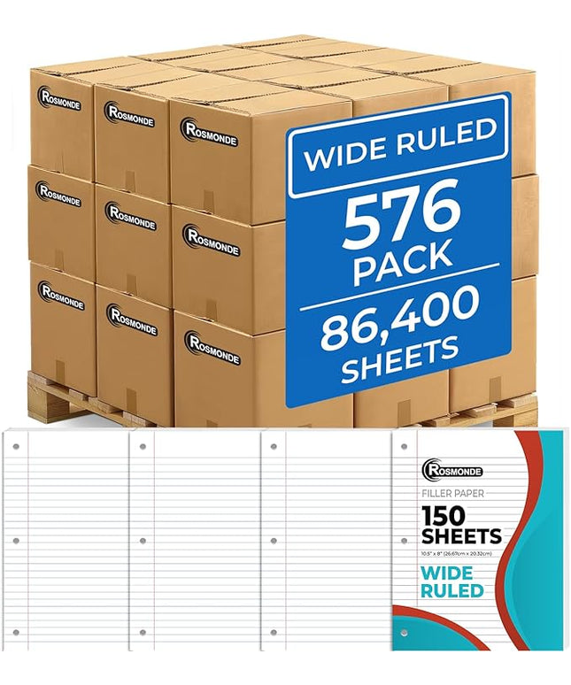 Rosmonde 576 Pack (Pallet) Loose Leaf Paper Bulk, 86400 Sheets, Wide Ruled, Pallet of Filler Paper, 150 Sheets/Pack, 8 x 10.5", 56 Gsm Thick Sheets, 3 Hole Punched, School & Office, 4-7 Days Transit