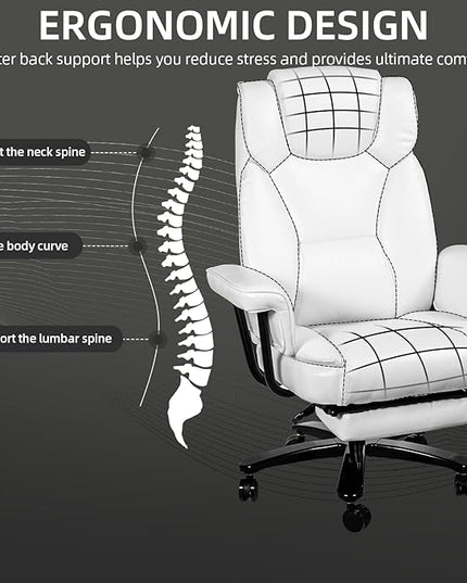 Reclining Office Chair with Footrest, Big and Tall Home Office Desk Chairs 400lbs with High Back, Criss Cross Wide Seat, Heavy Duty Base, Pu Leather, White