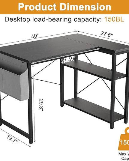 Grandder L Shaped Computer Desk with Reversible Shelves, 40 Inch Small Corner Desk with Storage Bag, Gaming Desk Computer Table Study Writing Table for Home Office Bedroom Small Space, Black