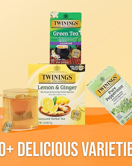 Twinings Lemon & Ginger Herbal Tea Individually Wrapped Bags, 50 Count (Pack of 6), Tangy Lemon & Spicy Ginger, Naturally Caffeine-Free, Enjoy Hot or Iced, 300 Teabags
