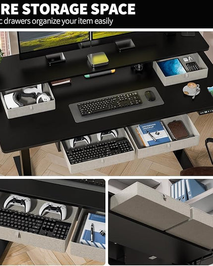 Kingant Standing Desk with Drawers & USB Charging Port, 55" x 30" Height Adjustable Home Office & Gaming Desk, Sit Stand Desk with Built-in Storage Shelf, Hook & Ergonomic Design(Classic Black)