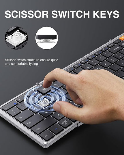 ProtoArc Foldable Bluetooth Keyboard, XK01 Full-Size Portable Keyboard for Travel, 105 Keys, 0.65" Keycaps, Multi-Device Sync for iPad Tablet Smartphone Laptop PC Windows iOS Android, Black Silver