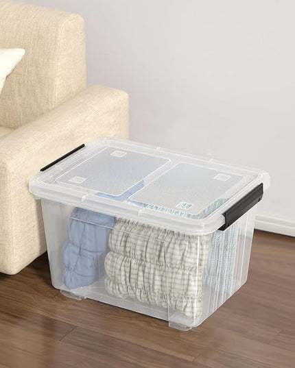 50 Quart Large Plastic Storage Box with Wheels, Latching Box with Lid, Wheeled Storage Bin, 4 Packs