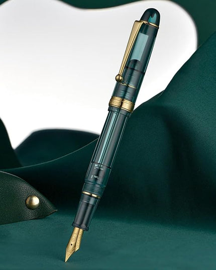 Asvine V126 Vacuum Filling Fountain Pen Gold Plated Fine Point, Transparent Teal Acrylic Pen Gift Case