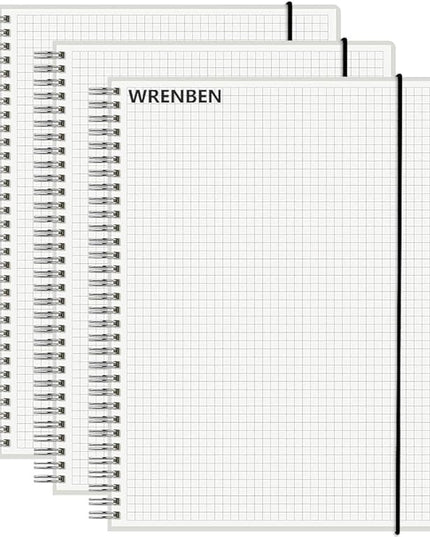 WRENBEN Graph Paper Spiral Notebook 8.5 x 11 Inches 240 Pages, A4 Grid Journal with 120gsm Thick Graphing Paper, Large Math Notebook 1/5 Inch Squares with Water-proof PVC Cover (3 Pack, A4)