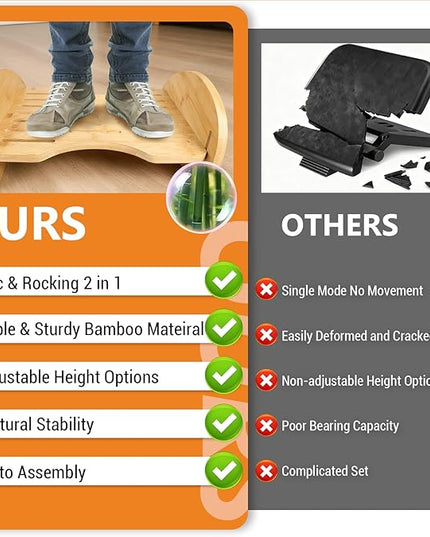 Bamboo Foot Rest for Under Desk at Work - Reversible Rocking Under Desk Footrest 2-in-1 with 6 Adjustable Heights, Ergonomic Foot Rest Under Desk with Anti-Slip Surface for Home, Office and Gaming
