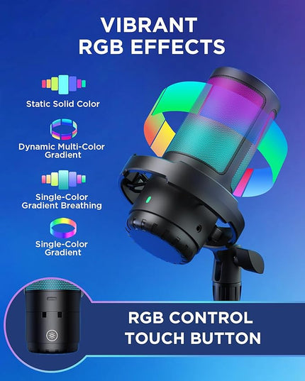 InnoGear USB Gaming Microphone Set, Noise Cancellation Condenser Mic with Boom Arm RGB Mute Headphones Jack for Streaming Podcasting Recording Vocal PC Computer YouTube Discord PS4 PS5, Black