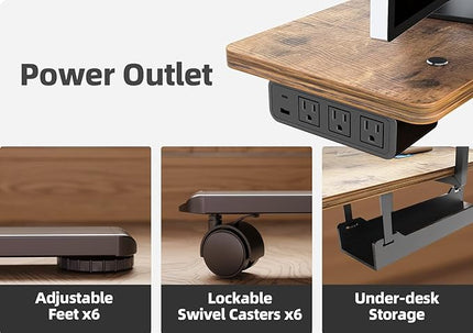 Claiks 63" L Shaped Standing Desk with Drawers and LED Lights, Height Adjustable Electric Corner Standing Desk with Monitor Stand & Power Outlet, 4 Memory Preset, Rustic Brown