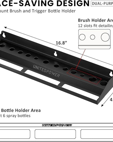 UNITEDPOWER Brush and Trigger Bottle Holder, Wall Mount Storage Rack Organizer for Auto Repair Shops Car Washes And Home Garages, Stores up to 12 Detailing Brushes & Hanging Rail for Bottles