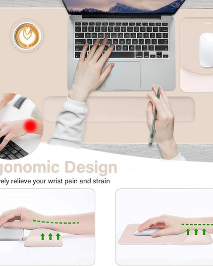 MOSISO Keyboard Mouse Pad Set, Large Gaming Mouse Pad&Rectangular Keyboard Wrist Rest&Mousepad with Wrist Rest&Coaster, Ergonomic Non-Slip&Easy Typing Pad with Curved Silicone Lining, Apricot