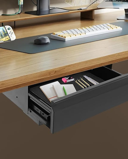LEYSRIS 17.5" Under Desk Storage Drawer with Built-In Power Strip, Black Sliding Pull-Out Drawer for Sit Stand Workstation