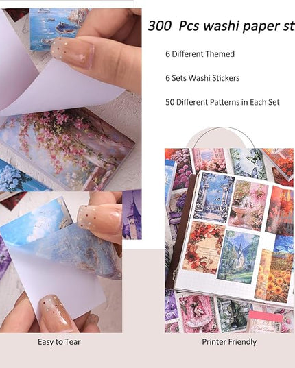 6 Sets 300 Pcs Washi Stickers Set Colorful Dreams Sticker Book for Journaling, DIY Decorative Paper Sticker Decals for Bullet Journal Art Scrapbooking Diary Card Craft Gift Album Notebook Stationery