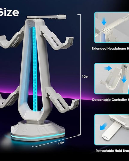 Saitake RGB Controller Stand with 9 Light Modes,Controller Holder with 2 USB Ports,Headset Stand for Desk-Headphone Holder Suitable for All Headphones and Controller (White)