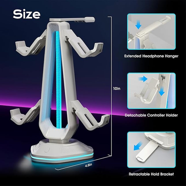 Saitake RGB Controller Stand with 9 Light Modes,Controller Holder with 2 USB Ports,Headset Stand for Desk-Headphone Holder Suitable for All Headphones and Controller (White)