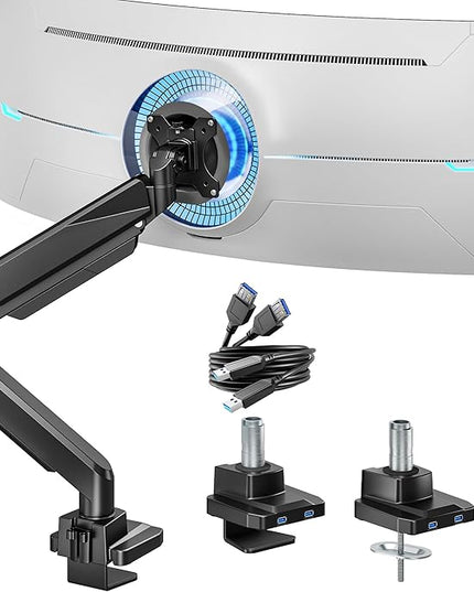 ARES WING Single Monitor Arm, Heavy Duty Adjustable Monitor Arm for 13"-49" Screens with USB, Gas Spring Desk Mount Stand with C Clamp/Grommet Mounting Base up to 40lbs Computer, Black