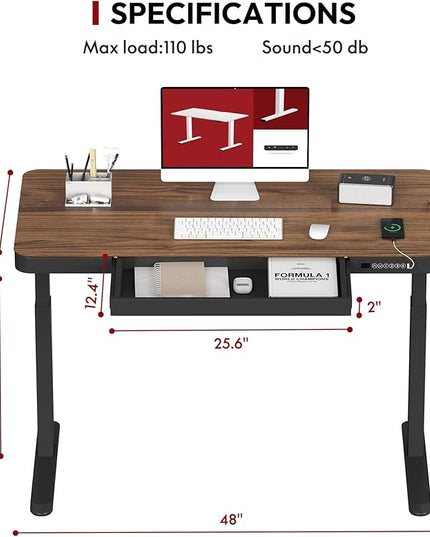Standing Desk with Drawer, Electric Height Adjustable Home Office Desk with Storage & USB Ports, 48 inch Black Walnut Wood Tabletop/Black Frame