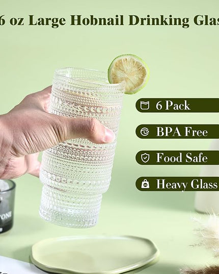 6pcs Hobnail Drinking Glasses Set, 16 oz Vintage Glassware Drinking Glasses, Clear Water Glasses Tumbler, Cups for Kitchen, Juice, Beer, Cocktail, Whiskey