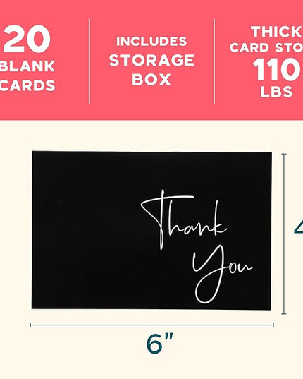 VNS Creations 20 Pack Thank You Cards With Envelopes, Stickers, 4x6 Inch Blank Thank You Notes - Bulk Box Set Large Notes for Graduation, Wedding, Small Business, Baby & Bridal Shower - Black