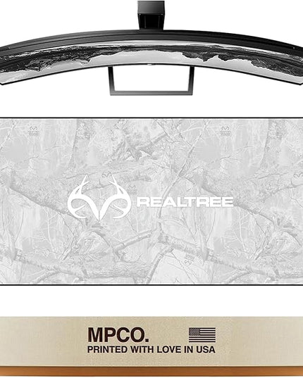 MPCO. Real Tree Large Gaming Desk Pad - 36" x 17" Aeroglyde Fabric Edge Snow White – with Logo Desk Mats - Non-Slip, Washable, Smooth Glide for Precision Gaming & Work