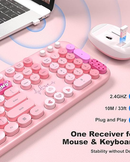 MOFII Wireless Keyboard and Mouse Combo, Full Size 2.4G Plug and Play Typewriter Retro Round Computer Keyboard and Mouse Set for Windows, Computer, Desktop, PC, Notebook - (Pink Colorful)