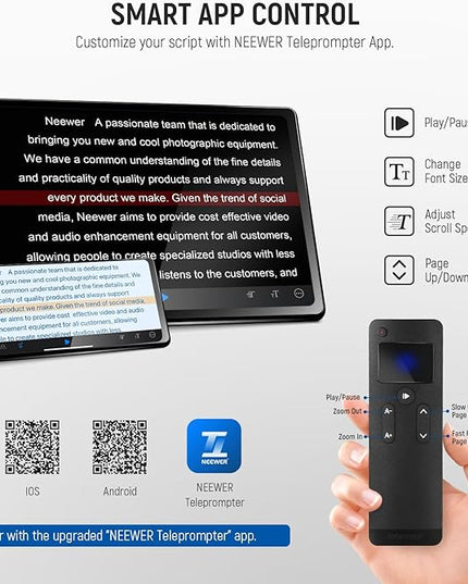 NEEWER Teleprompter X16 with RT113 Remote & App Control, 16" Beamsplitter, Aluminum Alloy Foldable Design, QR Plate Compatible with 501PL iPad Android Tablet Camera Camcorder Up to 44lb/20kg