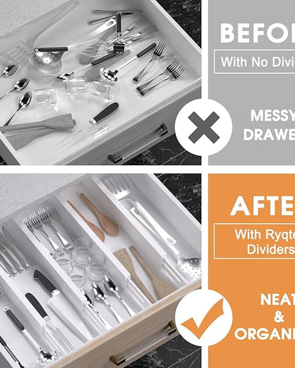 Bamboo Drawer Dividers Organizers, Kitchen Drawer Organizer, Adjustable Drawer Divider for Clothes, Kitchen, Dresser, Bedroom, Bathroom and Office, 4-Pack (White, 12-17 IN)