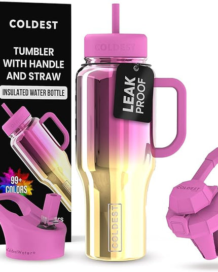 Coldest Tumbler with Handle and Straw - 100% Spill Proof Tumbler with Straw (3 Lids) - Stainless Steel Insulated Leakproof Tumblers for Women & Men - Cup Holder Friendly - 36 oz (SunTan Nova)