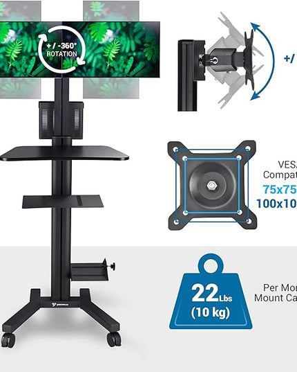 Yescom Mobile PC Stand Workstation with Dual Monitor Mount for Screen Up to 32" Black
