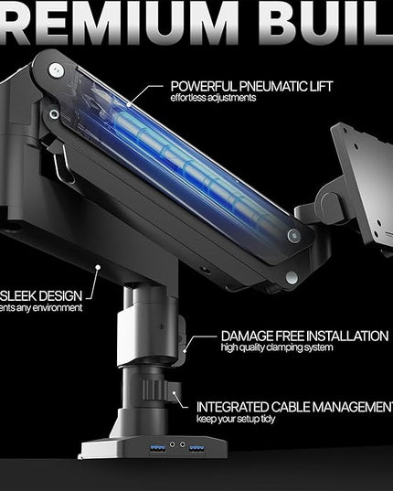 VIVO Premium Aluminum Tall Extended Monitor Arm for Ultrawide Monitors up to 49 inches and 33 lbs, USB Single Desk Mount Stand, Pneumatic Height Adjust, Max VESA 100x100, Black, STAND-V101GTU