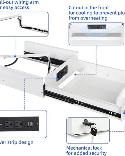 Lumil Under Desk Mounted Drawer Lockable with 3 Prong Extension Cord 10 FT with Multiple Outlets and Foldable Cable Management Arm for Office Desk 15.7" (W) x 15.7" (D) x 4.4" (H), White