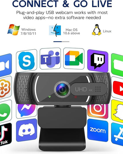 4K Webcam for PC & Mac, Tiny USB Streaming Camera with PDAF Autofocus, Dual Omnidirectional Noise-Canceling Microphones, Auto Low-Light Correction, Works with Zoom, Teams, Google Meet & Twitch