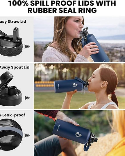 Insulated Water Bottle 87 oz, Triple Wall Vacuum Stainless Steel (Cold for 48 Hrs), Leak Proof & Non-BPA, Modern Water Flask Jug with Paracord Handle & Straw Spout Lids, Navy Blue