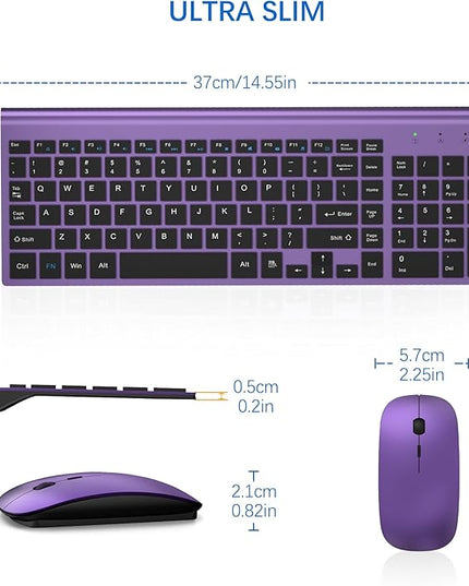 Wireless Keyboard and Mouse Ultra Slim Combo, TopMate 2.4G Silent Compact USB 2400DPI Mouse and Scissor Switch Keyboard Set with Cover, Batteries Included, for PC/Laptop/Windows/Mac - Purple Black