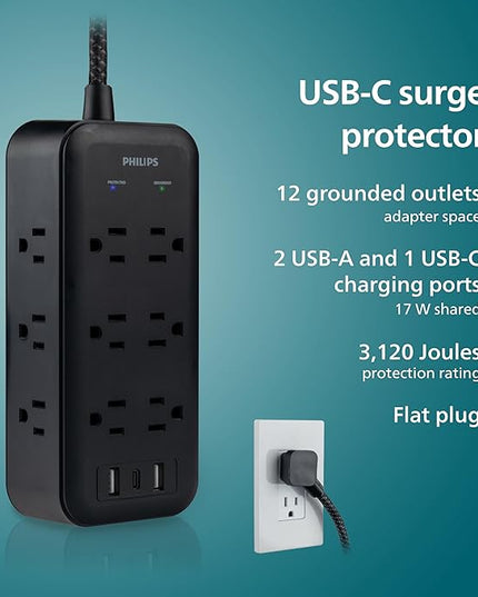 Philips Surge Protector, 12 Outlet, 2 USB-A, 1 USB-C, 17W, 3120J, Braided Cord, 8ft, Black