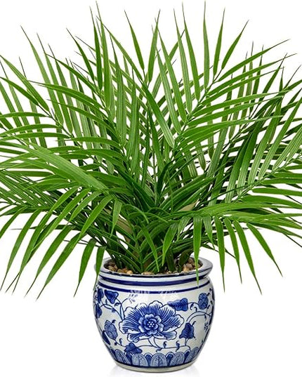 Hollyone Large Artificial Potted Plants Fake Palm Plants 16" Faux Green Plant Plastic Tropical Palm Tree in Blue and White Porcelain Ceramic Pots for Home Room Office House Indoor Decoration