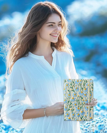 A5 Notebook, Flower Journal, Embroidered Notebook, 8"x6", Hardcover, Lay Flat, Lined, Wide Ruled Paper, Personalized Notebook, Pretty Journal, Daisy Gifts for Women, Blue, with Elastic Band