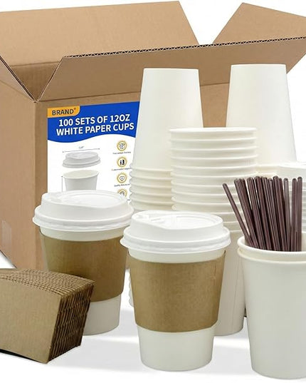 100 Pack 12oz Disposable Coffee Cups With Lids straws sleeves, Disposable cups, Paper Cup, Tea Cups for Hot To Go Coffee k cups with lids, Cupping set,Beverages, shop Home Office Party Travel