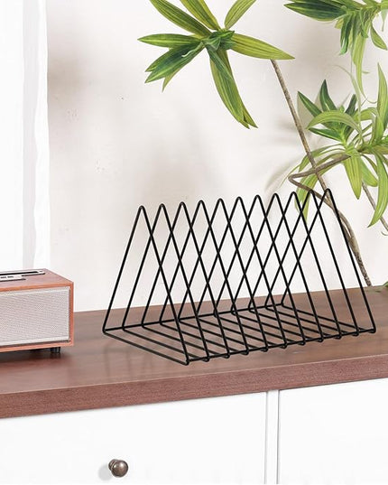 Urban Deco Triangle Desk Organizer - Metal Wire Magazine Holder, 10 Sections, Decorative File Folder Organizer, Vinyl Record Storage, Office File Holder - Black